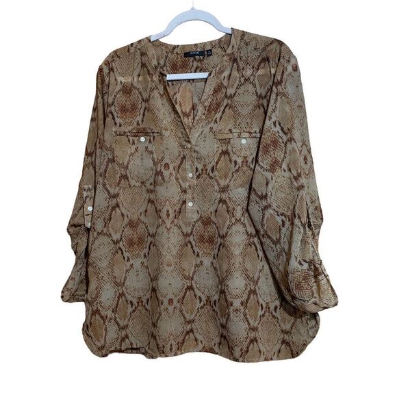 Apt 9 Womens Size XL Multicolor Animal Print Split Neck Tab Sleeves Sheer Blouse - Picture 1 of 7
